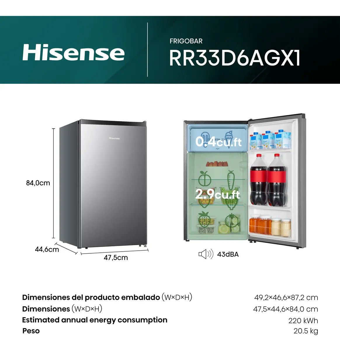Hisense RR33D6AGX1- Frigobar,3.3 pies cúbicos,Termostato ajustable,Congelador in - Oferta en Mercado Libre